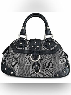 Y2K Black Silver Statement Satchel Handbag Faux Croc Trim